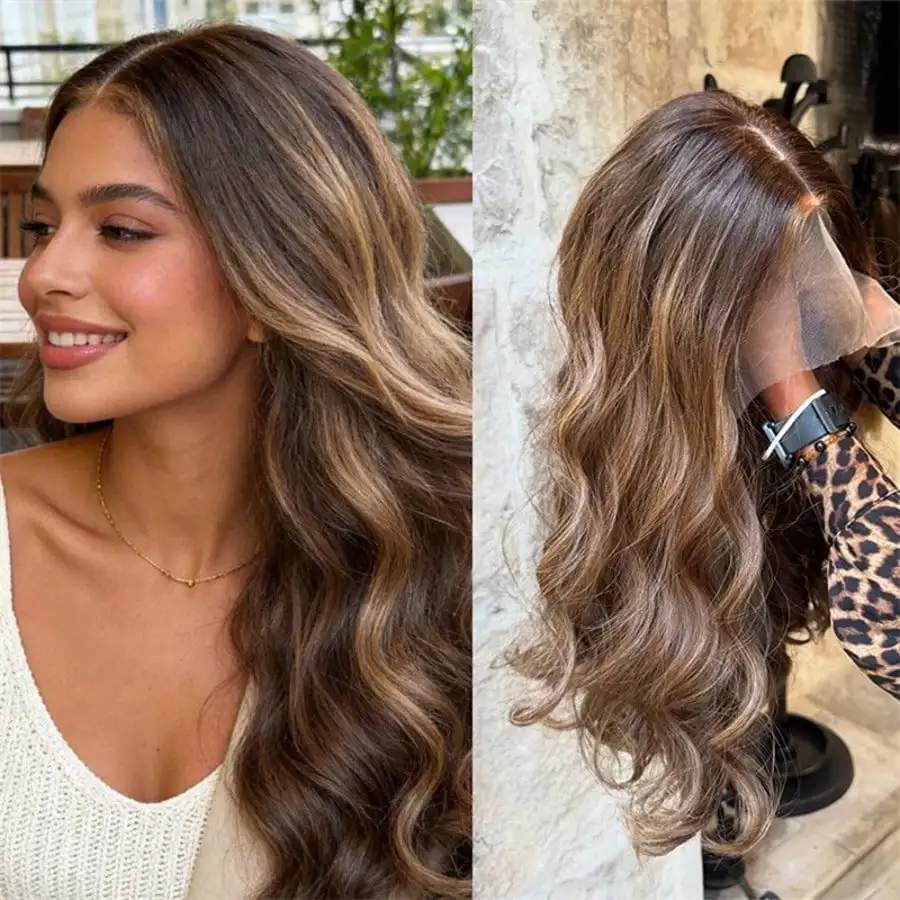 Peluca sintética con reflejos miel castaño rubio, ondulada, HD 13X4 con encaje frontal, 26 pulgadas de largo, suave como el cabello humano, para mujeres.
