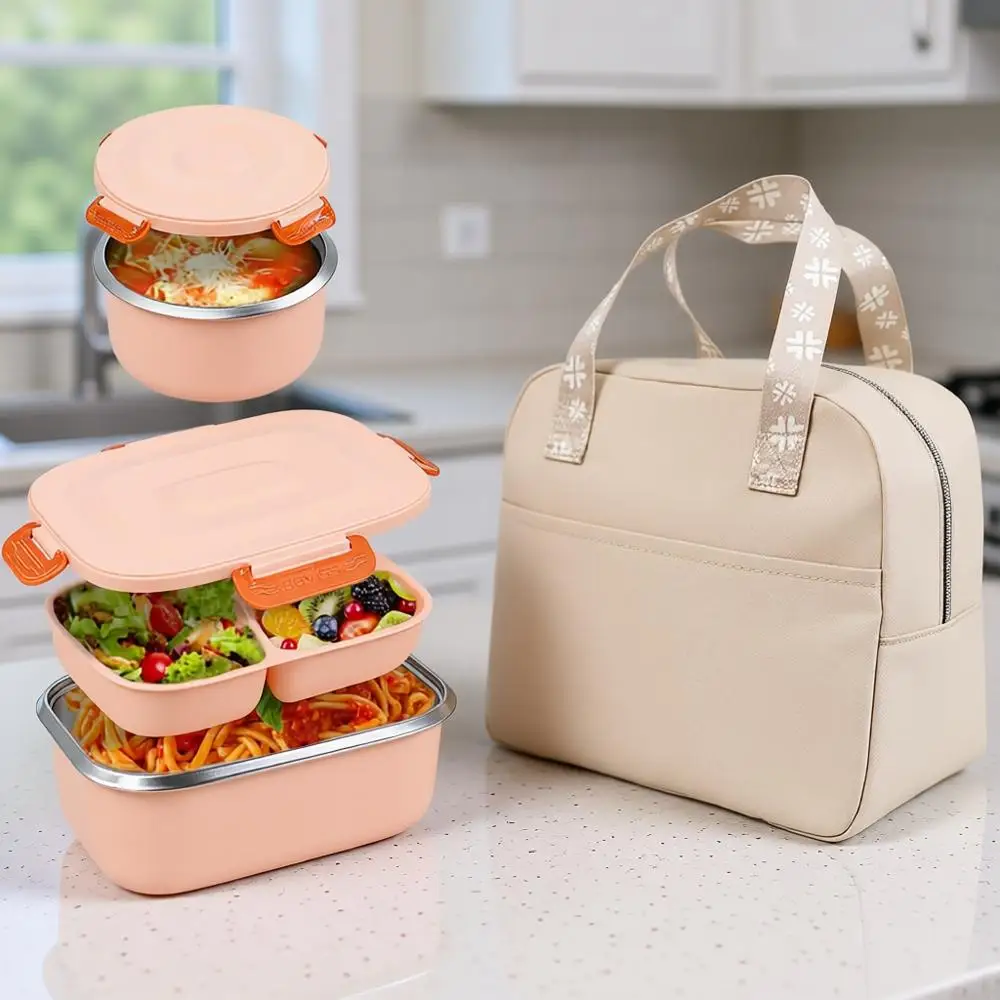 

18/8 Stainless Steel Bento Box, Bento Lunch Box with Soup Bowl, Food Containers with Bag, Suitable for Kids and Adults, Pink