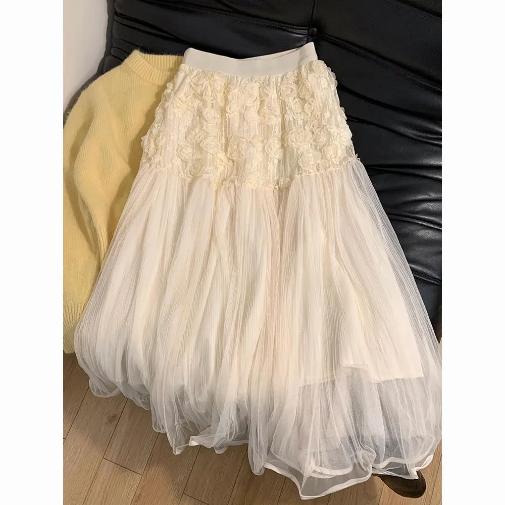 ฤดูใบไม้ผลิฤดูใบไม้ร่วงผู้หญิงโรแมนติกหวานสุภาพสตรีAppliqueดอกไม้พับกระโปรงลูกไม้สีเบจ, 2025 ฤดูร้อนใหม่ผู้หญิงRufflesกระโปรงตาข่ายยาว