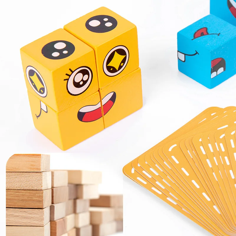 Cube Face Change Building Blocks Board Game Wood Puzzle Montessori Expression Wooden Blocks Blocos For Children Kids Toys Gift