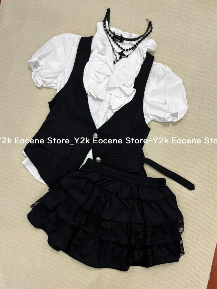 Y2k Black Gothic Retro Chic Outfit Women Bubble Sleeve Shirt + Slim Vest + Mini Cake Skirt New Vintage Fashion 3 Piece Suit 2025 image 2