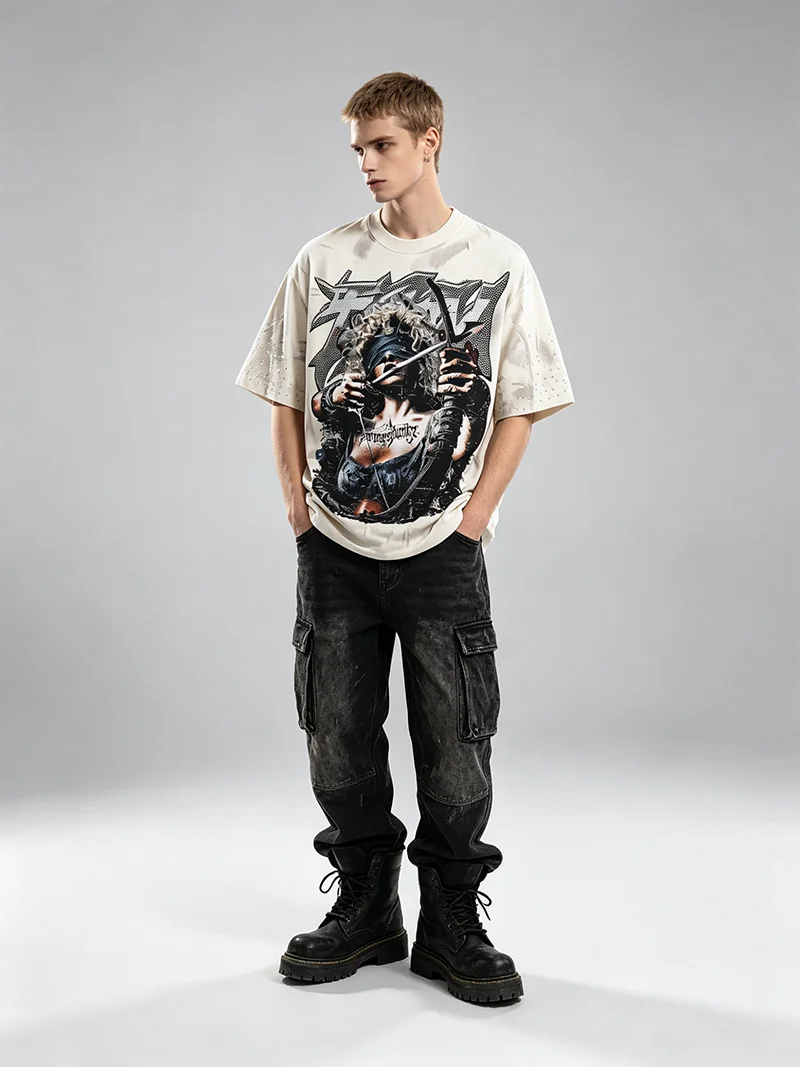 Vintage T-Shirt mit Kriegerinnen-Grafik für Männer, Distressed Gradient Washed Tee, Oversized Hip-Hop T-Shirts, Streetwear, Y2k-Kleidung, C – Detail 3
