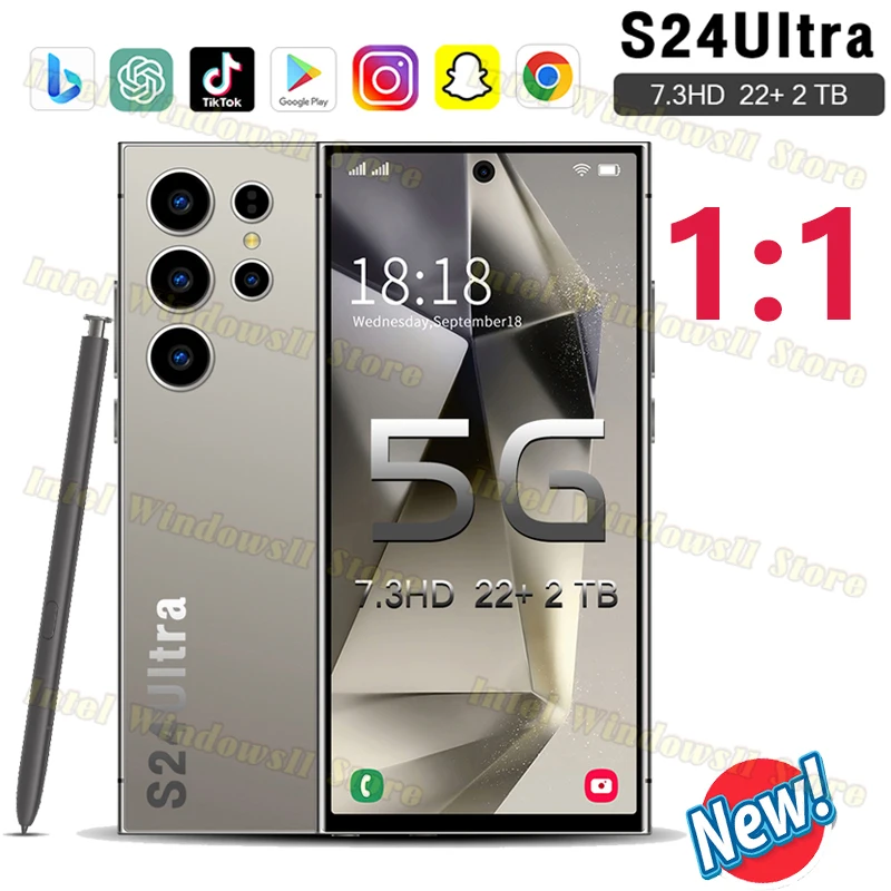 Смартфон S24 Ultra, 22 ГБ + 2 ТБ, 7,3 HD-экран, мобильный телефон, 5G, Dual Sim, 108 МП, камера Android14, разблокированный, 7000 мАч, 10-ядерный сотовый телефон