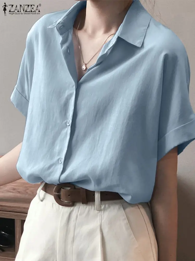 Elegant Women Solid Shirt Summer Lapel Neck Short Sleeve Blouse ZANZEA Fashion Office Work Blusas Female Loose Tunic Tops 2023