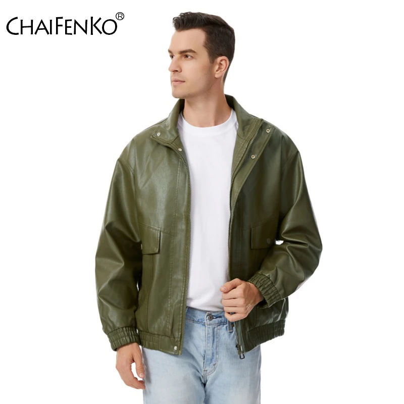 

Men Simplicity Solid Tops New Fashion Loose Windproof Versatile Coat Spring Autumn Comfort Stand Collar Casual Leather Jacket