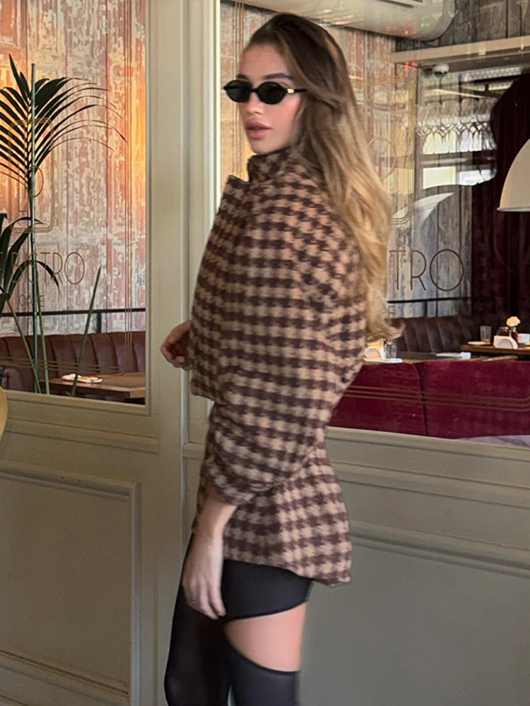 Vintage Braun Frauen Plaid Mantel Kurze Sets 2 Stück Langarm Revers Jacke Hohe Taille Slim Fit Kurze 2025 Dame Mode Outfits – Detail 9