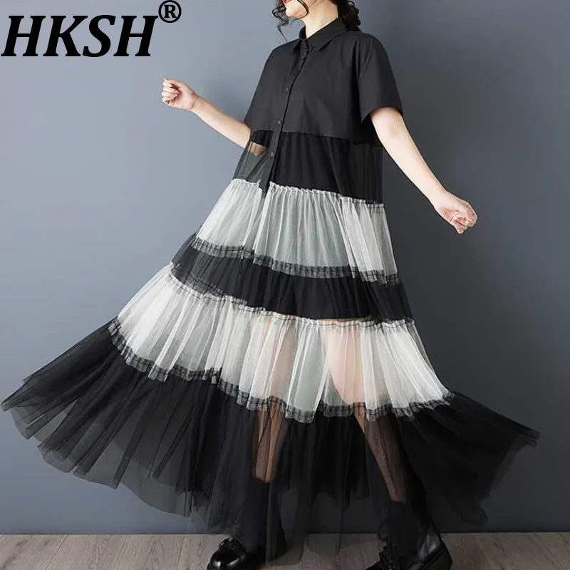 

HKSH 2026, весна-лето, новое женское платье-рубашка с короткими рукавами, лоскутное плиссированное сетчатое платье с цветными блоками, элегантные платья большого размера HK17918
