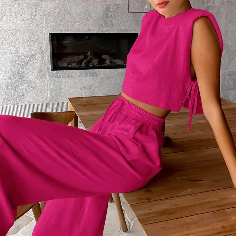 

Sleeveless Linen Top With Matching Wide Leg Drawstring Pants Designed For Laid Back Summer Holidays Relaxed Everyday Dressing
