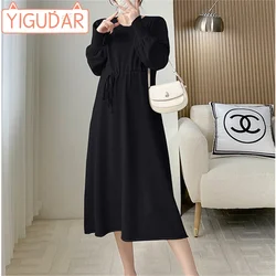 spring and autumn new pregnant women's loose over knee sweater dress draw rope loose and stylish design sense knit bottom dress