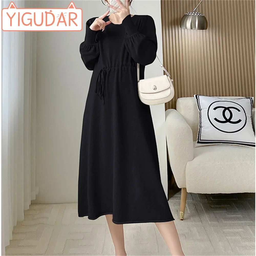 spring and autumn new pregnant women's  loose over knee sweater dress draw rope loose and stylish design sense knit bottom dress