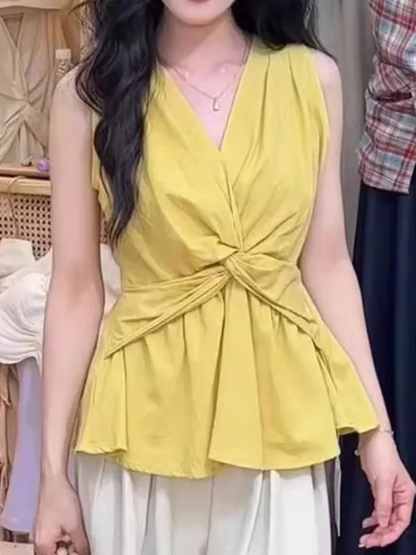 

plus Size Slimming V-Ne Knot Tank Top Women's Summer Faion Svel High Waist Korean Sle Pure Color Commute Wind irt