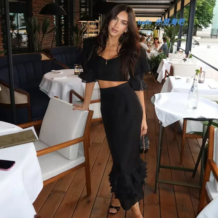 Elegant Fashion Square Collar Short Sleeve Top And Skirt Set with Lace Hem High Waist Dress Summer Slim Fit Women's Outfit