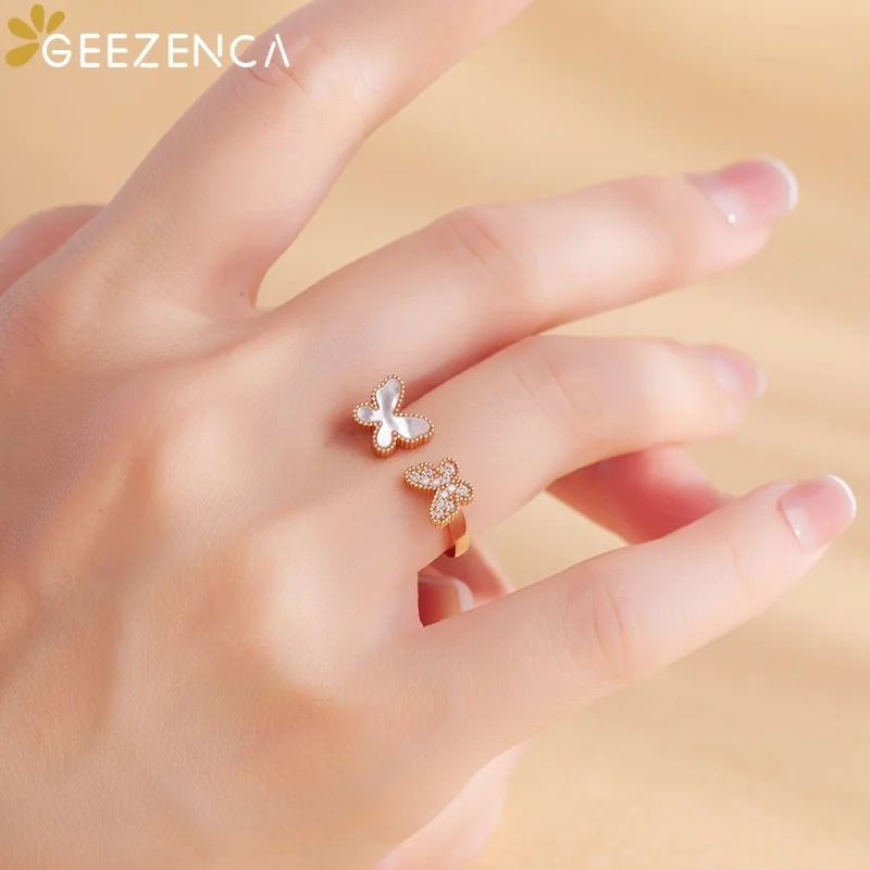 GEEZENCA 925 Silver White Mother of Pearl Cubic Zirconia Duo Butterfly Open Ring For Women Delicate Cute Trendy Rings Party Gift