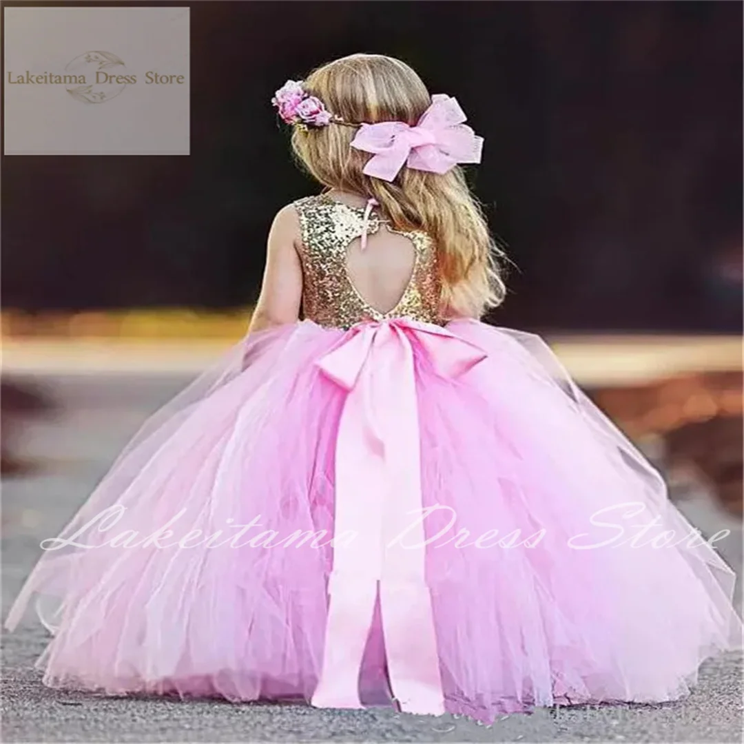 

Flower Girls Dresses Sleeveless Pink Princess Sequins Girls First Communion Dress Ball Gown