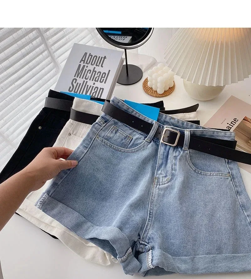 Shorts de mezclilla coreanos de verano de pierna ancha y cintura alta con cinturón para mujer, pantalones cortos de moda con bolsillos, estilo casual de calle, vaqueros.