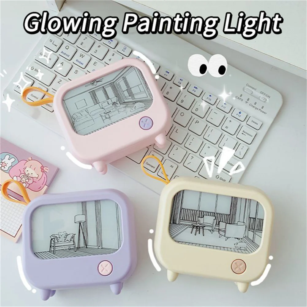 LED Night Light Cute TV Painting Design Learning Table Lamp USB Charging 2-Level Lighting Mini Desktop Light Birthday Girl Gift