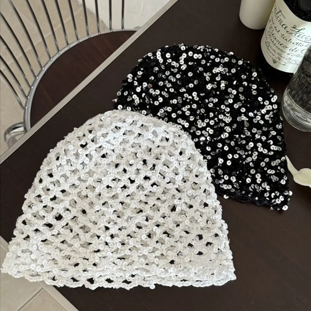 Fashion Vintage Sequin Woven Cap Hollow Knit Sequin Bucket Hat Y2k Thin Beanie Hats Spicy Girls