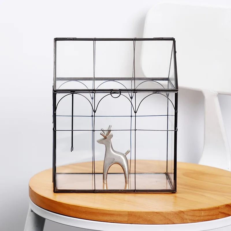 Minimalist Geometric Open Top Glass House Ornament Transparent Flower Room Home Coffee Living Room Decor