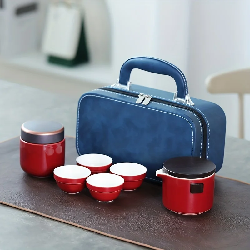

1 Set, Travel Tea Set, Porcelain Tea Set, Kungfu Tea Sets With 1 Tea Pot (with Strainer), 4 Tea Cups, Tea Canister, Bag, All In