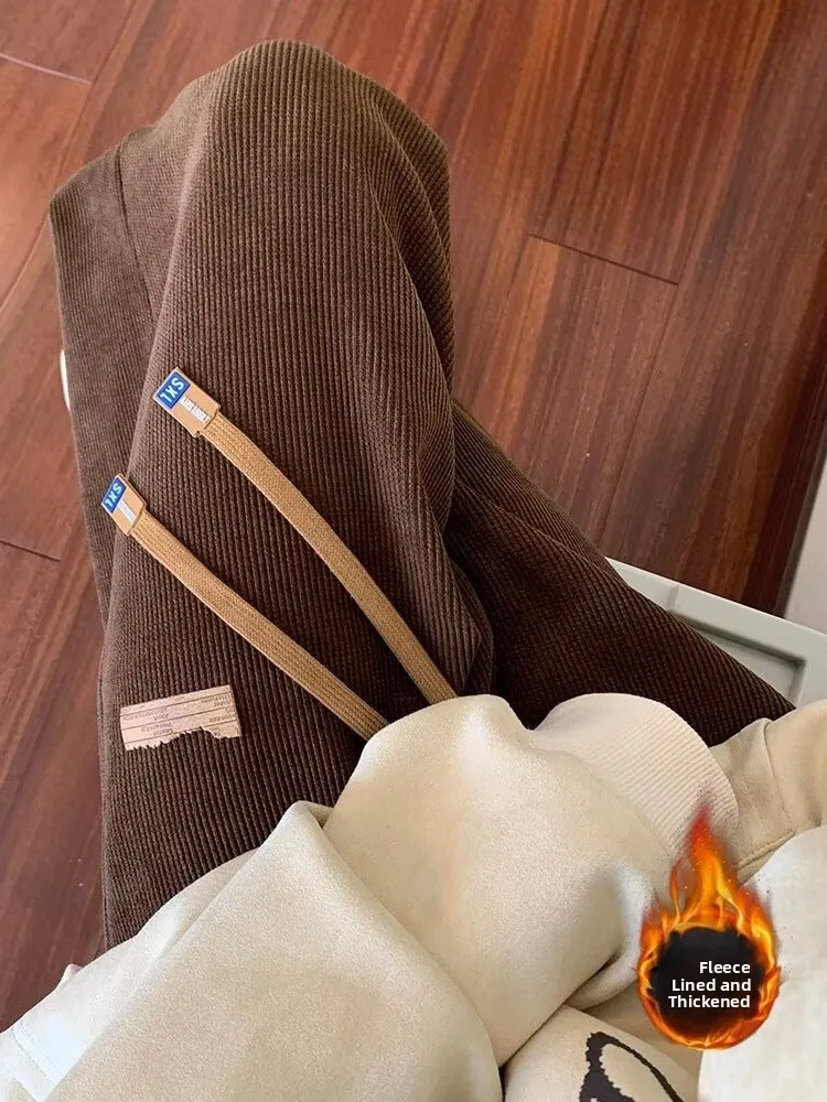 

American Sle Heavyweight Corduroy Men's Winter Straight Leg Loose Fitted Thiened Sports Sweatpants Drapey Floor-Length Pants