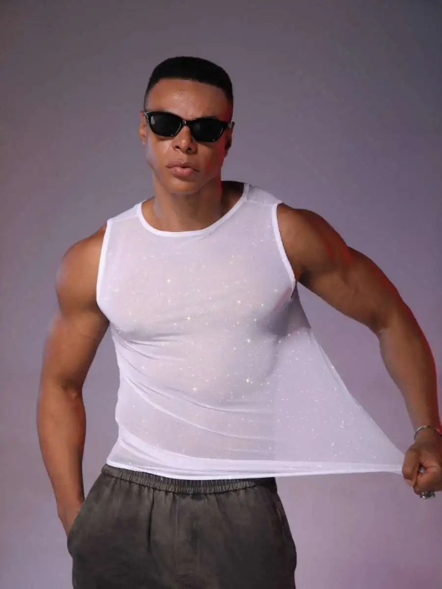 Silver Thread See-through Simple Men's Vest for Music Festival Party Night Club Transparent Top Summer Warmth Fashionable Sol...