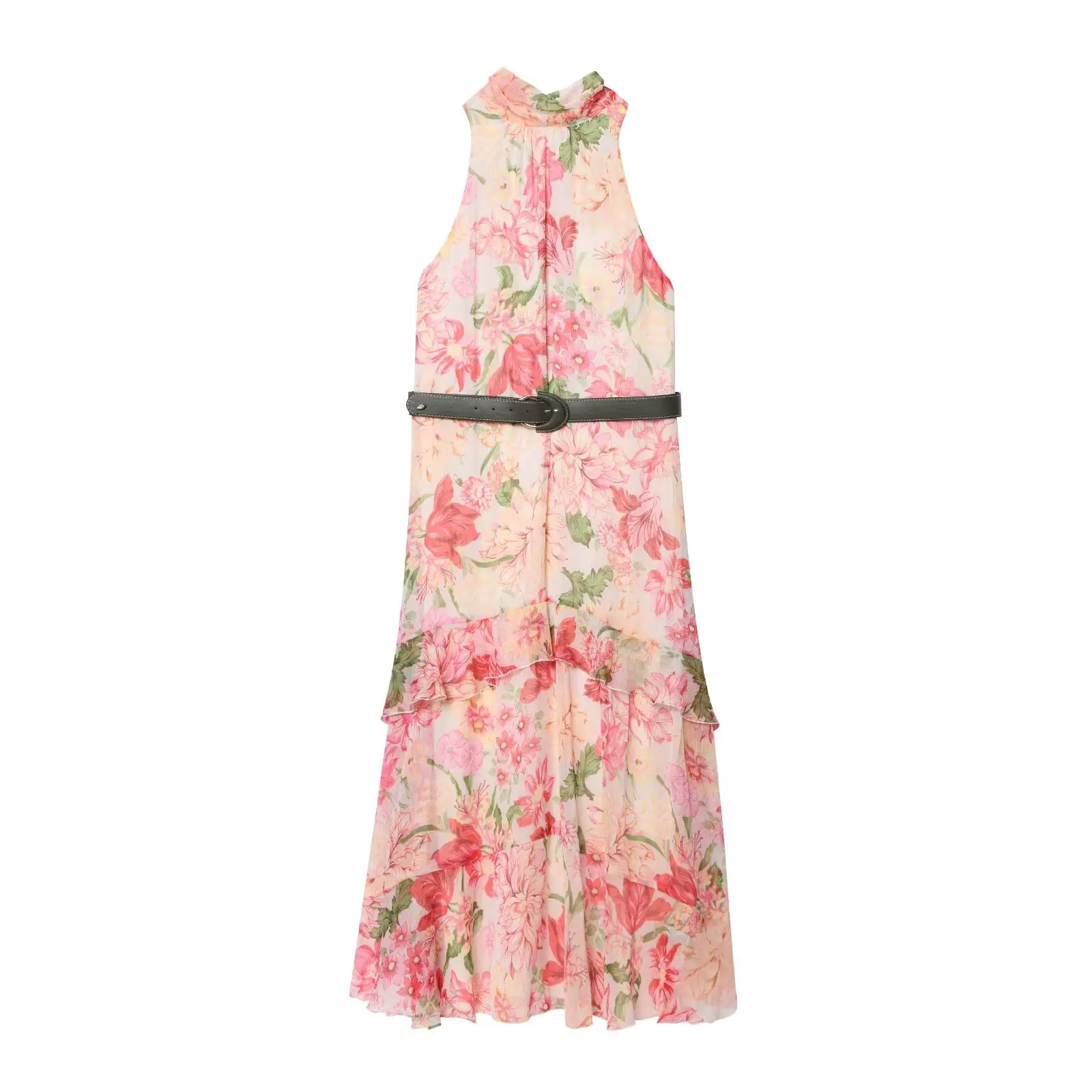 Vestido midi casual feminino com decoração em camadas impressa e cinto fashion elegante vestido de festa sem mangas 3713359