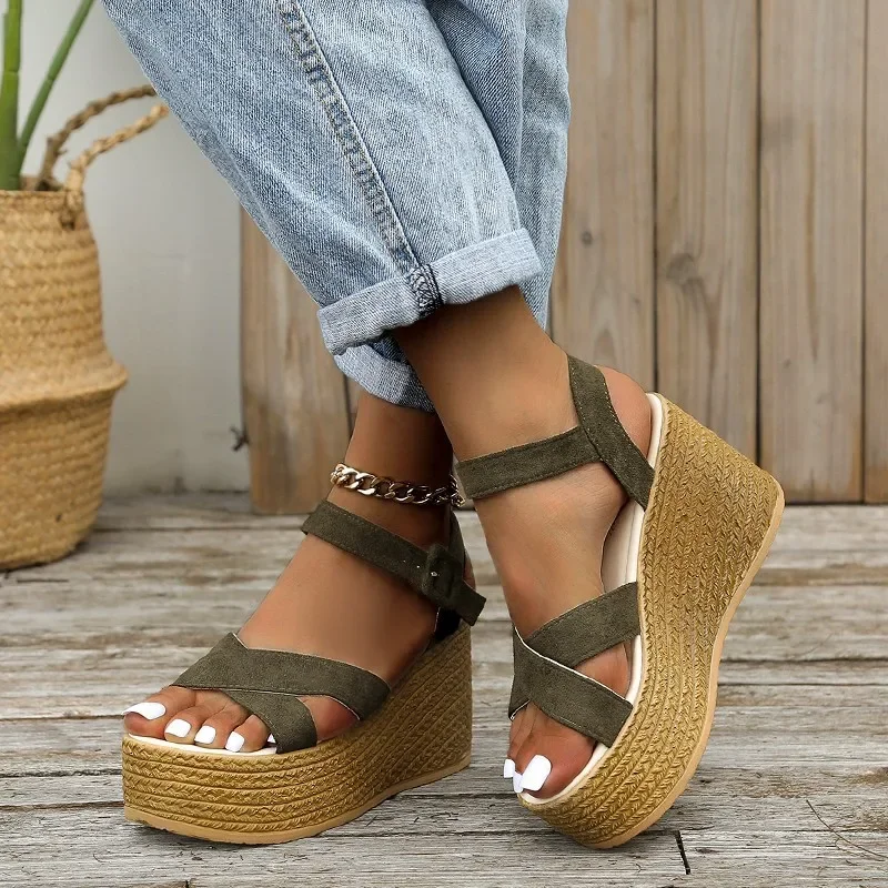 Fashion Wedge Sandals for Women Summer 2024 New Casual Non-slip Peep Toe Platform Shoes Rubber Sole Buckle Elegant Heels Women