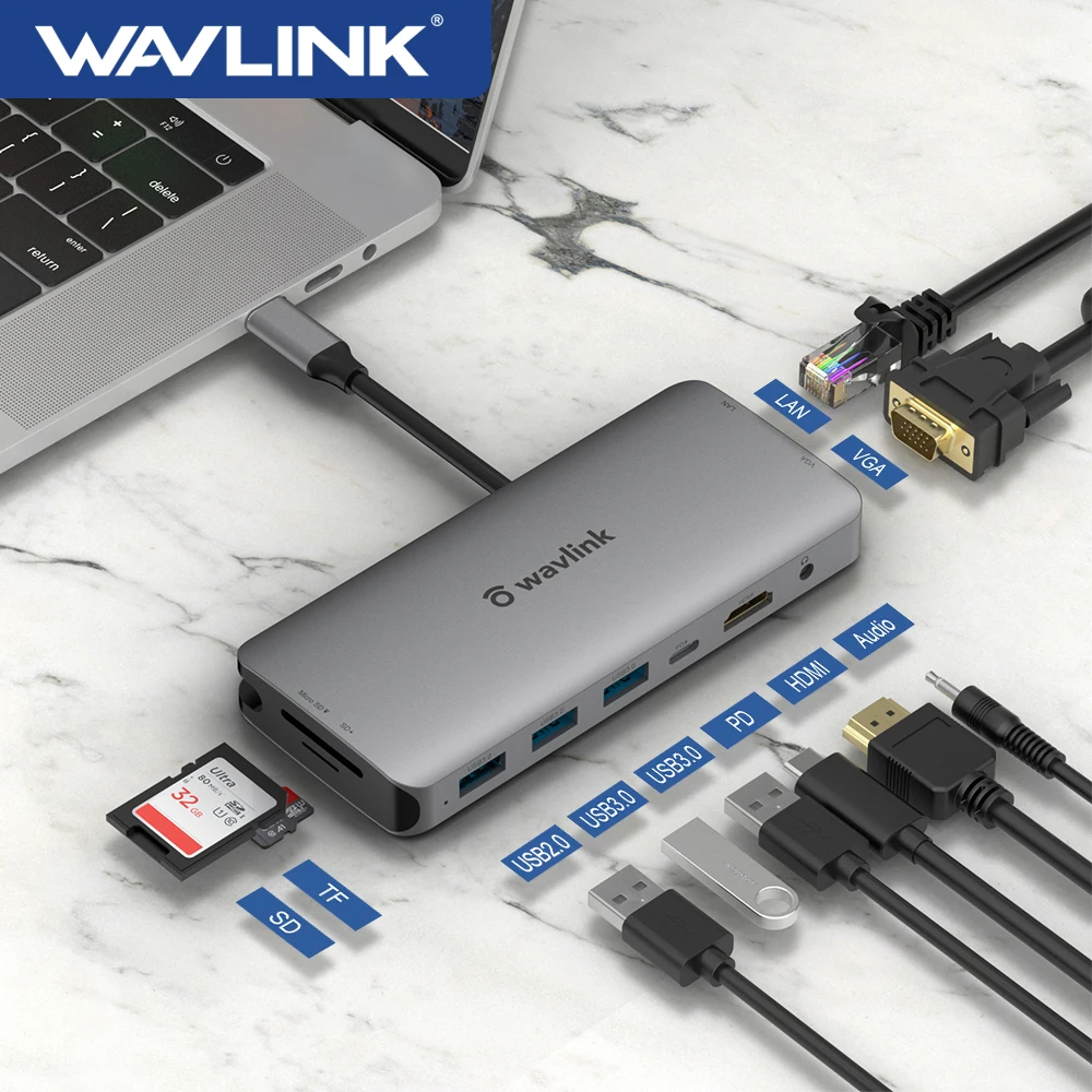 Wavlink USB C Hub Type-C To HDMI-Compatible/VGA 4K @30Hz USB 3.0 Adapter RJ45 PD Type C 3.1 Splitter For MacBook Pro Air Laptop