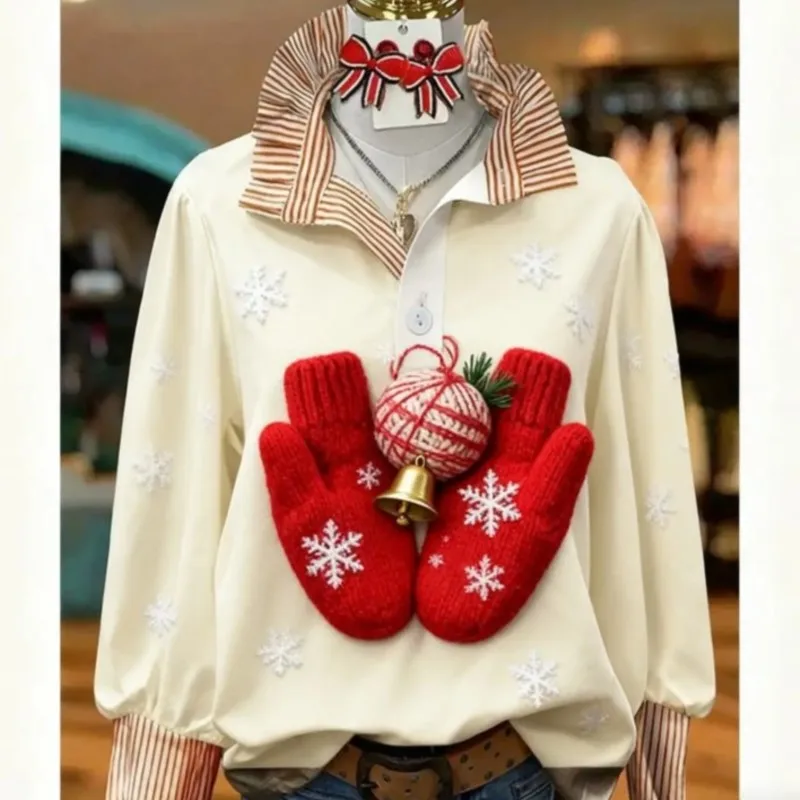 Women's striped fashionable shirt with multi-color striped collar and half button shirt pattern, Letter printed top