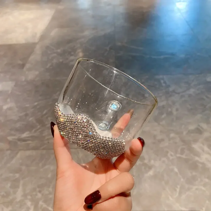 Sparkling Rhinestone Transparent Double-layer Glass Cup Large Capacity Breakfast Oat Bowl Fruit Salad Big Belly Cup Office Mug 4