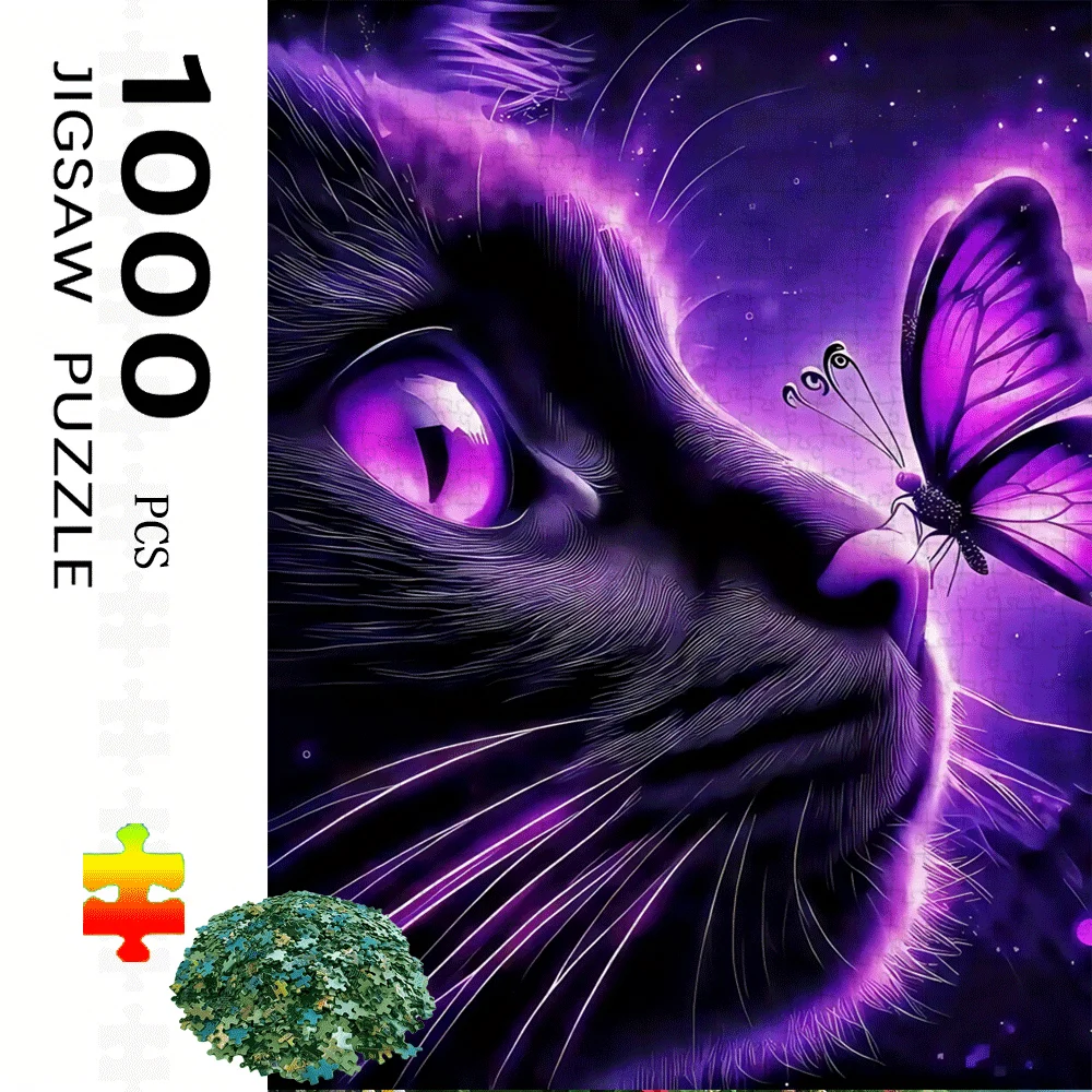 1000 قطعة قطة سوداء مع عيون أرجوانية، أحجية الصور المقطوعة ذات السماء المرصعة بالنجوم والفراشة - تصميم مشهد ليلي وردي أرجواني نابض بالحياة، كبير للبالغين