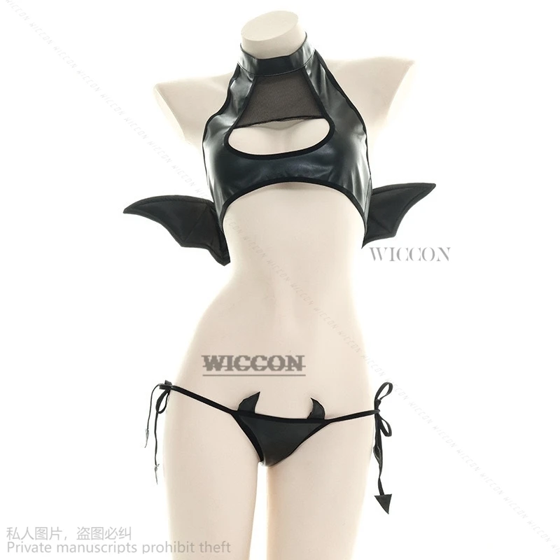 Disfraz de Cosplay de anime para mujer, uniforme de sucubus con alas de diablo para Halloween, Fiesta en la piscina, traje de Bikini de cuero PU hueco, traje sexy