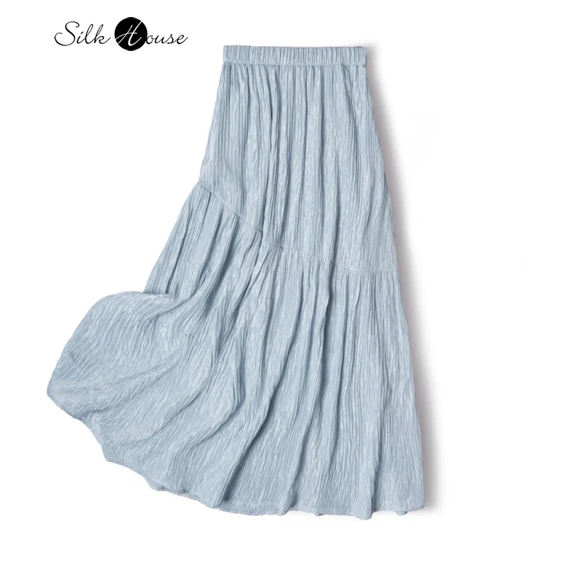 

Summer New 93% Natural Mulberry Silk Pleated Texture Elastic Waist Pocket Design Women's Fashionable Large Swing Skirt
