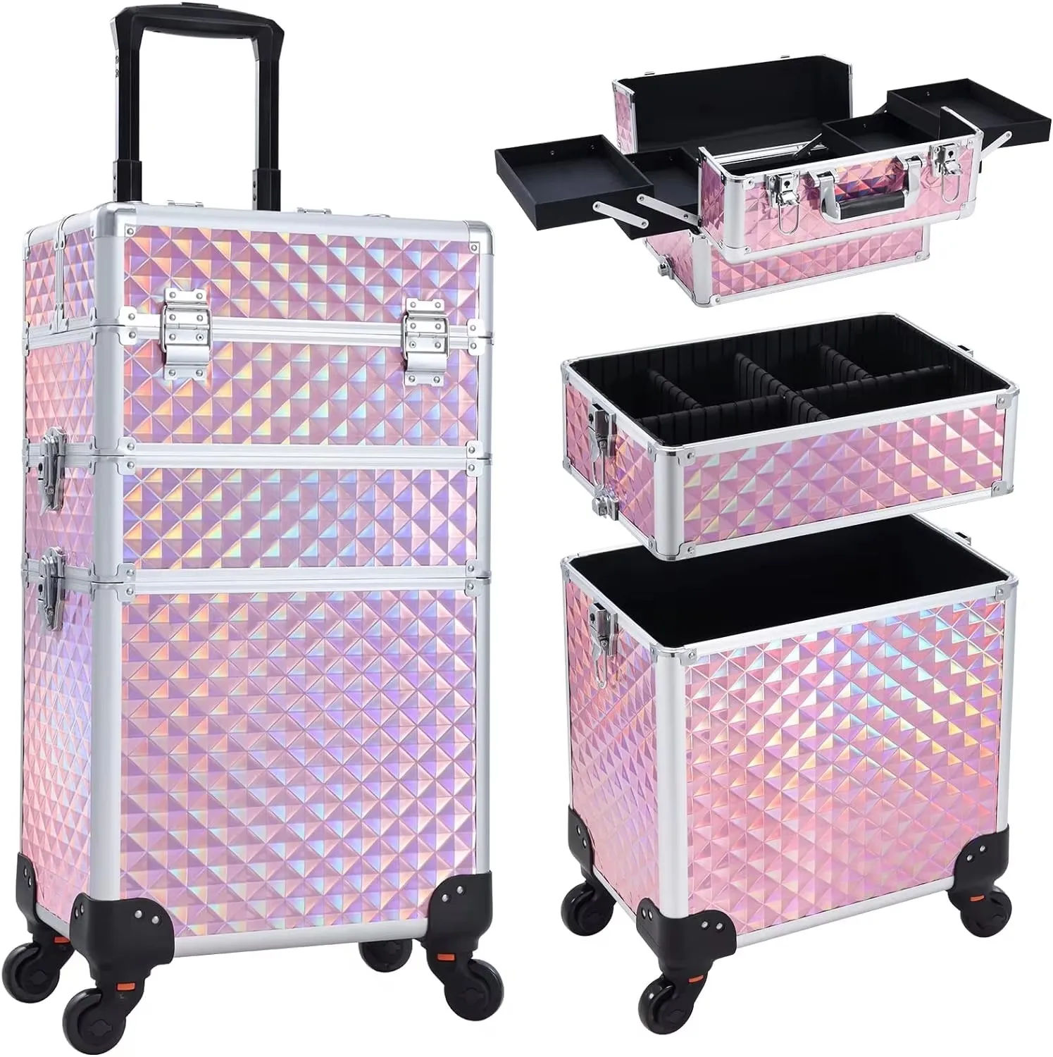 Rollende make-upkoffer 3-in-1 verwijderbare make-upkoffer Cosmetologiekoffer op wielen Afsluitbare make-uptrolley met grote capaciteit voor salon