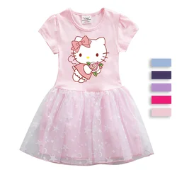 Sanrio 2024 Summer Girls Dress Cotton Cartoon Hello Kitty Splicing Party Princess Dresses For 3-8 Years Girls Birthday Clothes