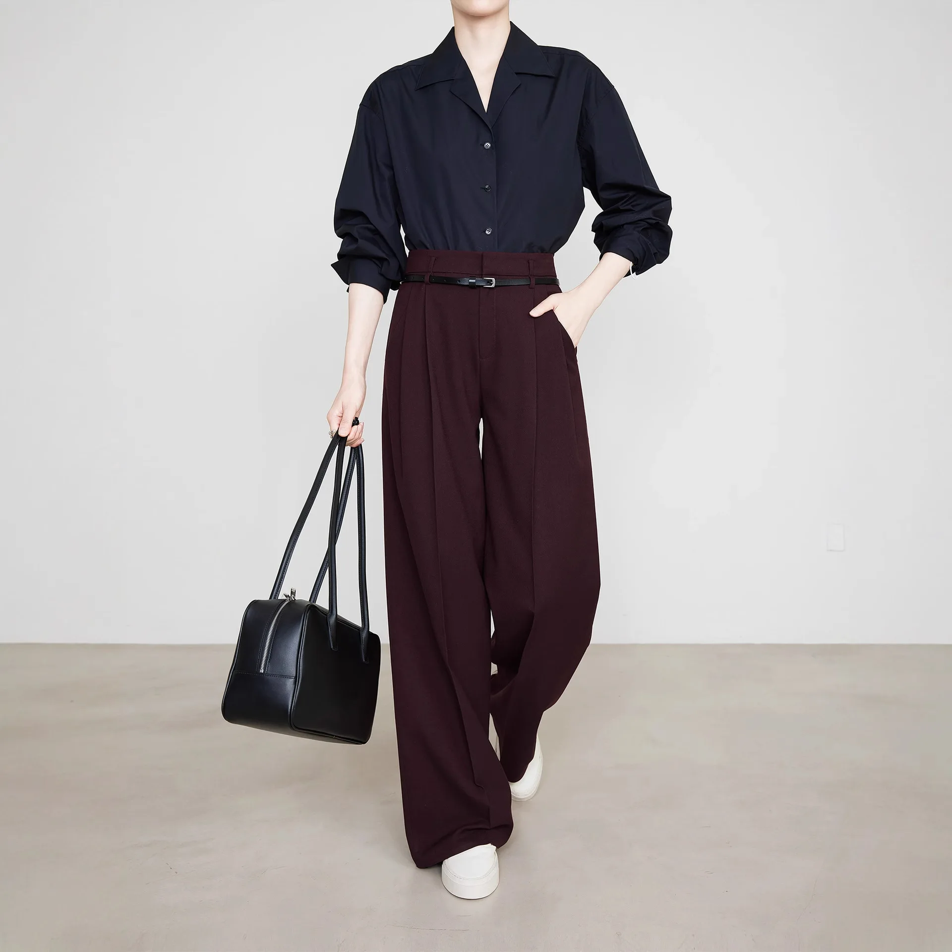 ผู้หญิงสูงเอว Minimalism อเนกประสงค์กางเกงขากว้างฤดูใบไม้ผลิฤดูใบไม้ร่วงใหม่แองโกลาสีแดงกางเกงตรงสบายๆความยาวกางเกง