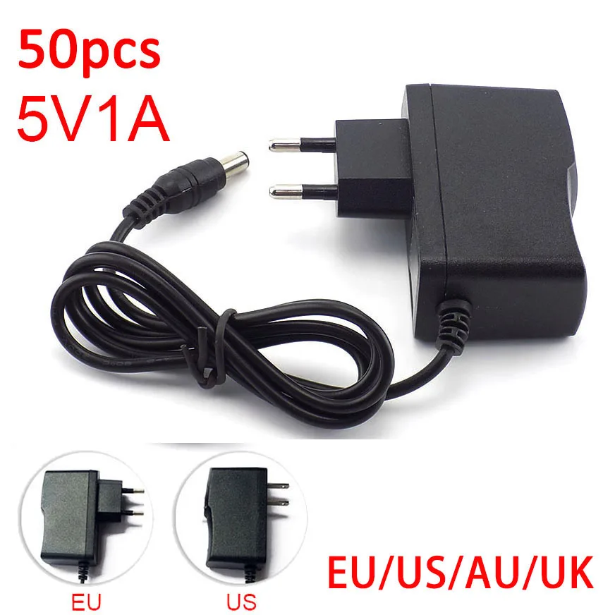 50pcs 5V 1A 1000mA AC DC Power Adapter supply EU US AU UK Plug Converter adapter charger 5.5mm x 2.1mm for LED Strip cctv Camera