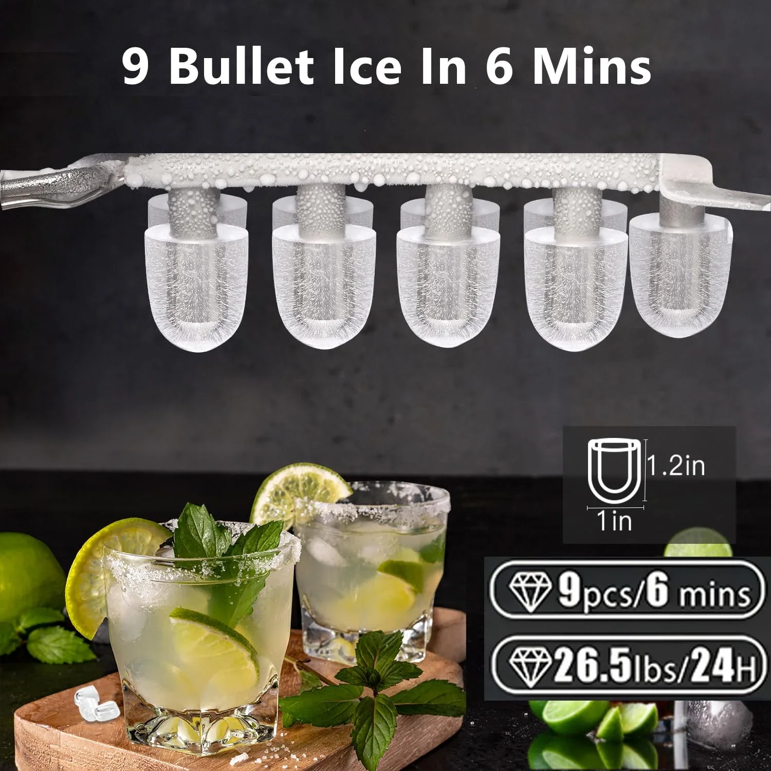 Convenient Portable Ice Maker Countertop with Easy Carry Handle, 9 Deliciously Refreshing Ice Cubes Ready in Just 6 Minutes, 26L
