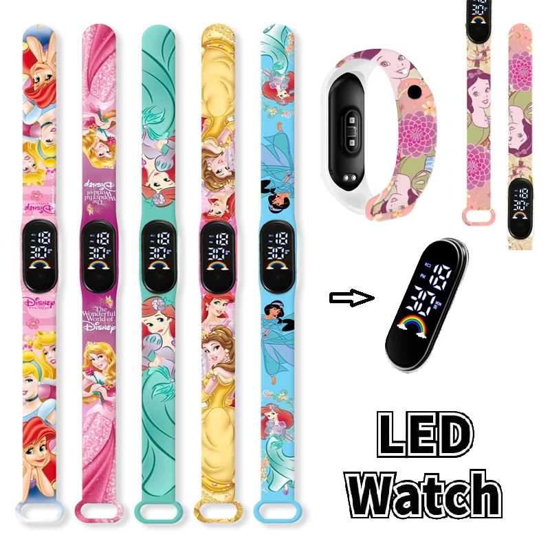 Disney-Princess impermeável LED Touch relógios para crianças, crianças pulseira esporte, pulseira, relógio digital, moda, presente