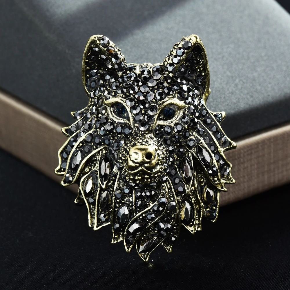 2 Colors Crystal Sparkling Wolf Head Brooch For Men Suit