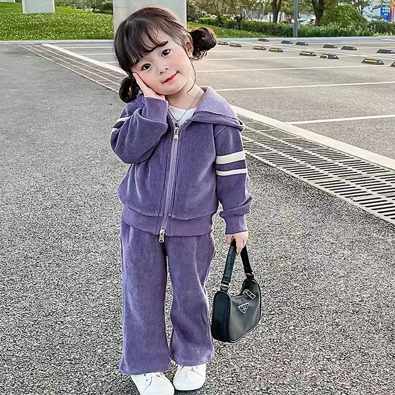 2024 Girl\'s Hooded Set Children\'s Cute Fashion Casual Suit Autumn New Kids Solid Color Tops Sweatpants Two Pieces 3-10 Years Old