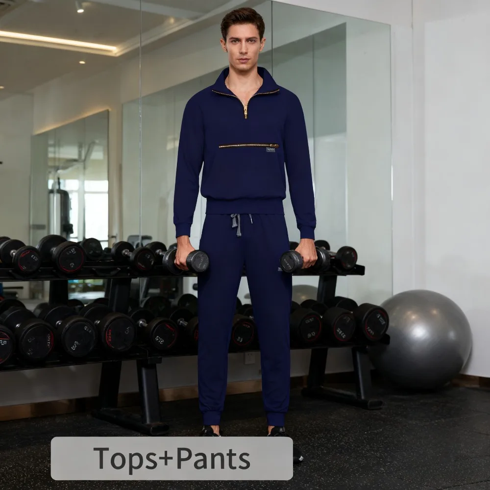 

2-piece Unisex Autumn Work Uniform Set Long Sleeve Collared Elastic Zipper Casual Top