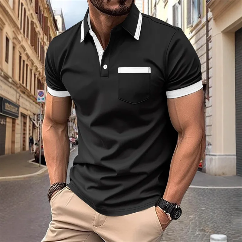 

Men's black and white color-blocked short-sleeved polo shirt with collar and pocket design. Business casual, slim fit, versatile