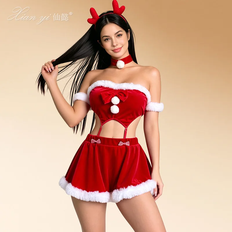 New Design Women's Sexy V-neck Halter Velvet New Year Red Dress Adult Lady Chhristmas Party Cosplay Costumes Sweet Girl Outfits