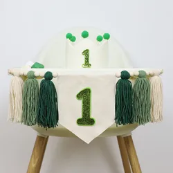 1st Birthday High Chair Banner Baby Birthday Party Green Handmade Wooden Bead Tassel Decoration Photographic Prop Holiday party