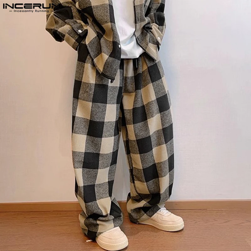 Men Fashion Trousers INCERUN Elastic Waist Casual Vintage Style Plaid Check Contrast Color Wide Leg Long Pant Streetwear Bottoms