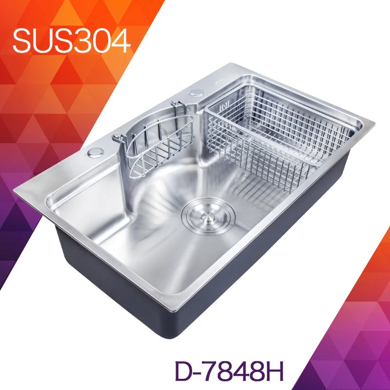 

Premium 304 Stainless Steel Large Single Bowl Sink with Drain Basket and Draining Rack Kitchen Step Basin Model Kitchen Sink
