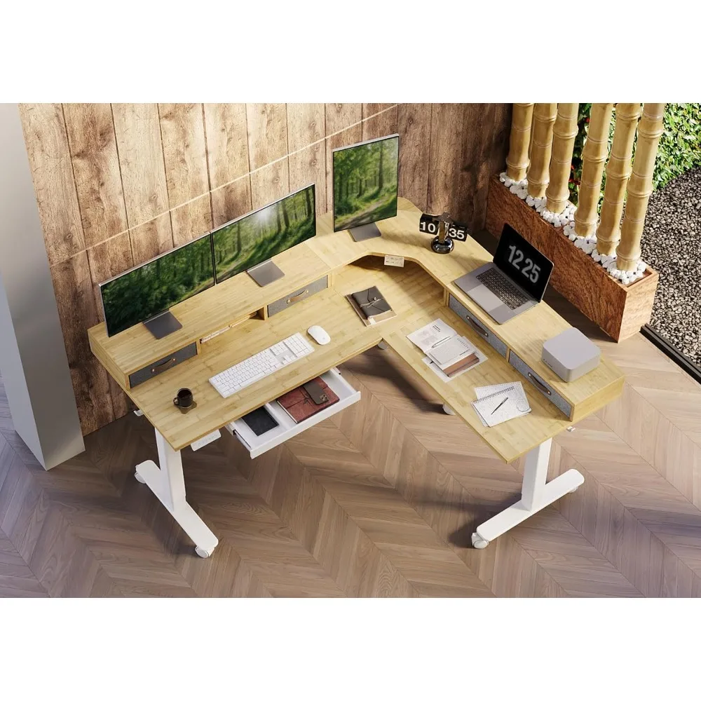 Triple Motor L Shaped Standing Desk with Drawers, Bamboo Adjustable Corner Stand Up Desk, 63