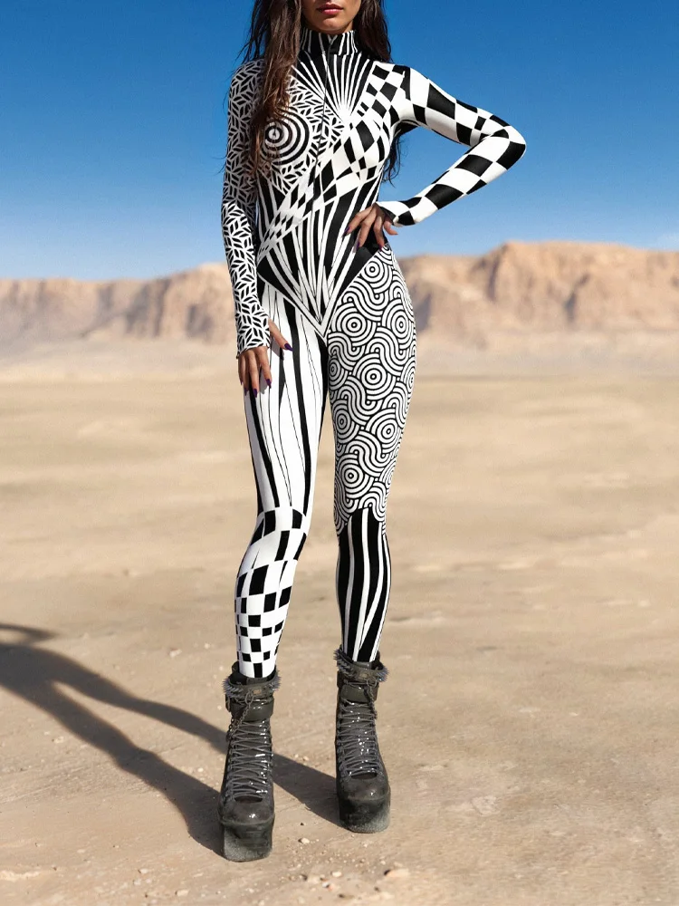 Damen Sexy Bodysuit Halloween Kunst Unregelmäßig Bedruckter Jumpsuit Festival Party Performance Zentai Anzug Rave Outfits Neu 2026 – Detail 18