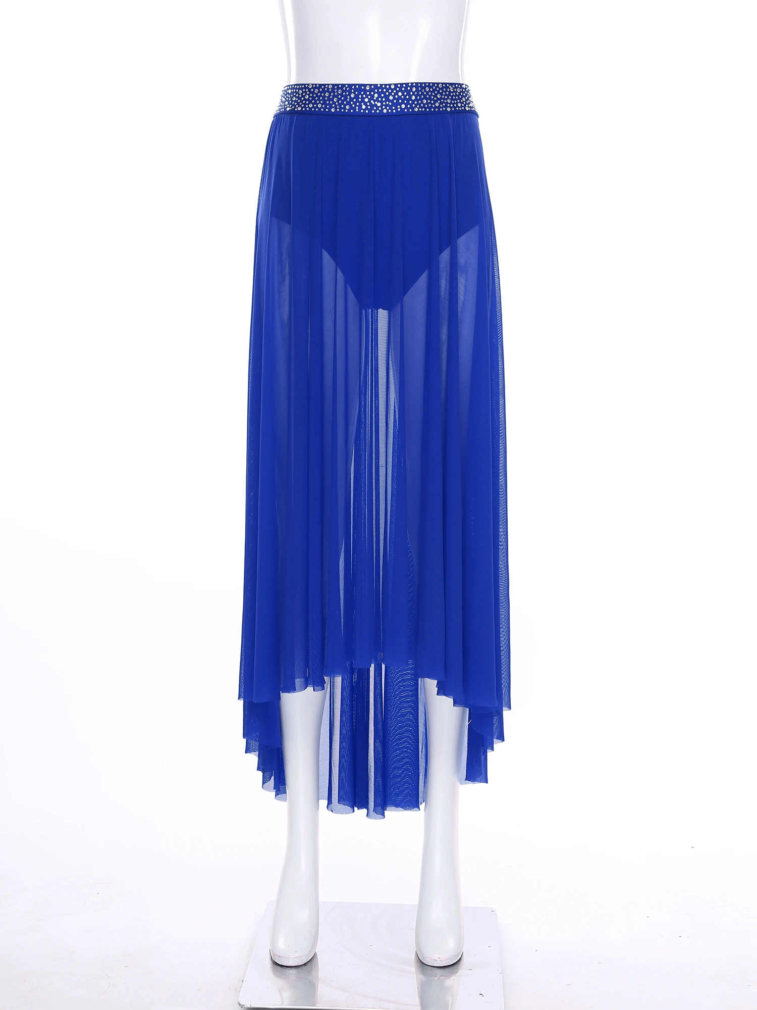 

Women Lyrical Dance Skirts Contemporary Dance Figure Skating Dance Dress Rhinestones Waistband Side Slit High-Low Hem Mesh Skirt